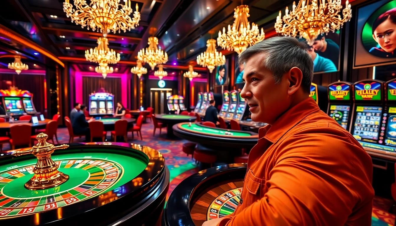 Une scène palpitante capturant l'excitation du meilleur casino en ligne avec roulette, poker et machines à sous vibrantes, plongeant les joueurs dans une expérience de jeu luxueuse.