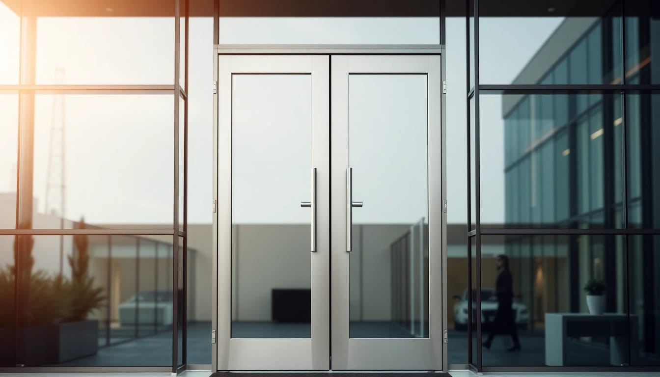 Showcasing a single leaf double swing door with sleek design and glass panels.