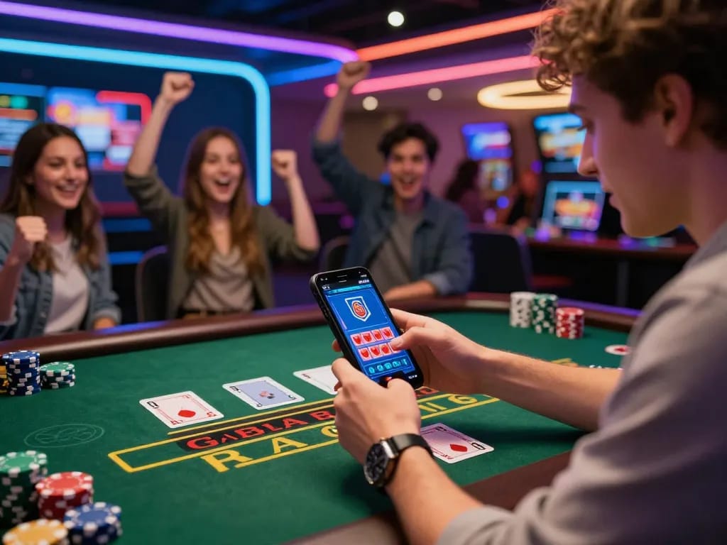 Engaged player enjoying 바카라사이트 live baccarat game on mobile device with vibrant casino backdrop and cheering friends.