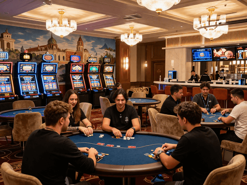Luxury gaming environment with players at trusted European online casinos, showcasing excitement and vibrant promotions.