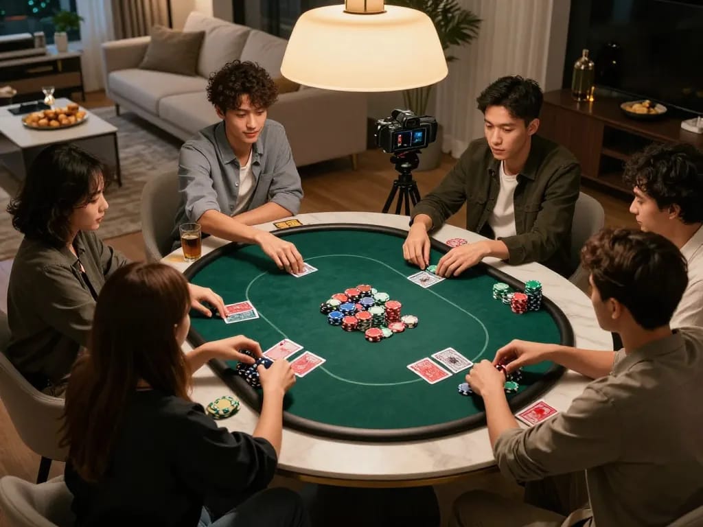 Enjoying intense poker gameplay with friends, featuring AE888 COM for a fun betting experience.
