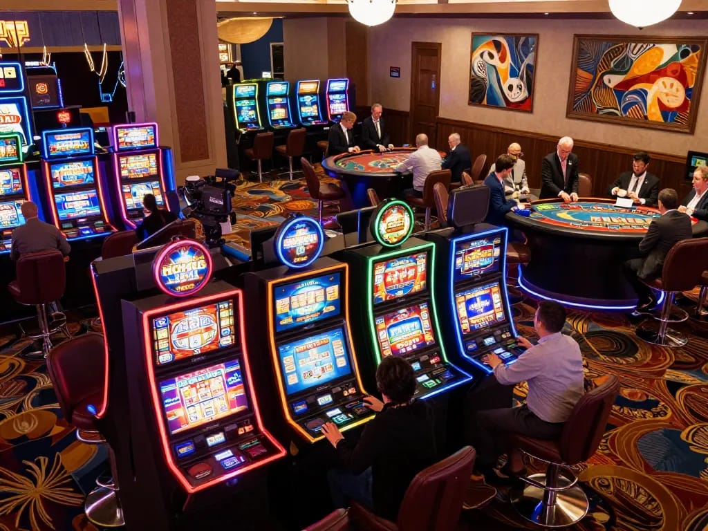 Engaging casino floor scene with players enjoying slot machines and table games, highlighting giường bệnh nhân essentials.