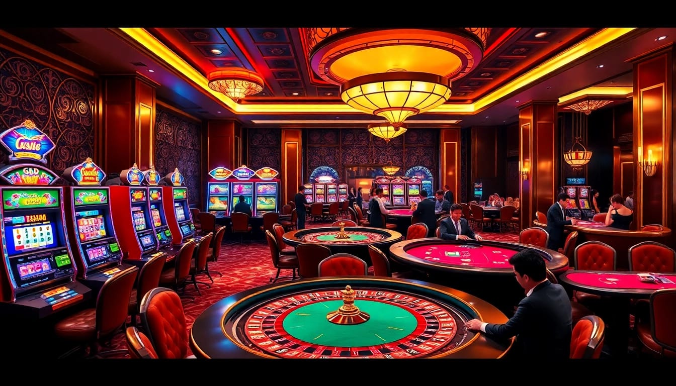 gamblers enjoying high-stakes action at gg88 casino with vibrant tables and colorful slot machines.