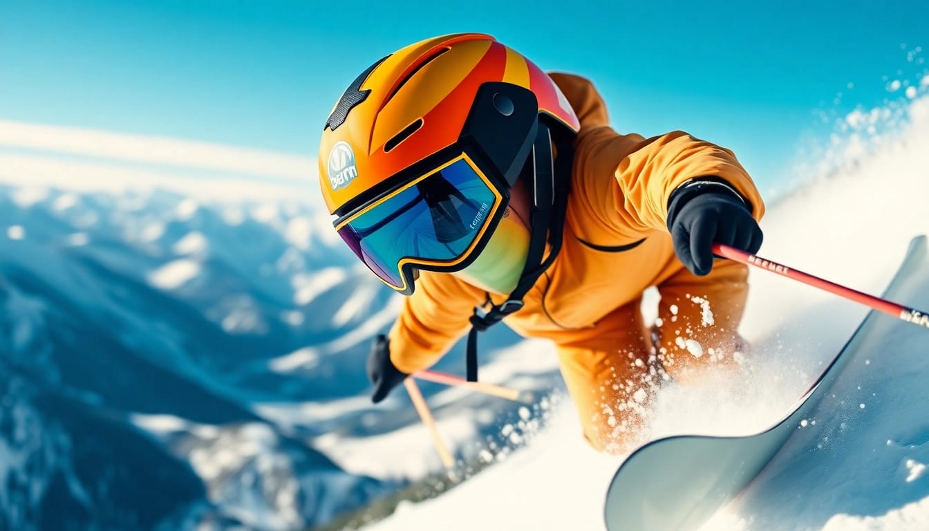 Skier in a colorful bern helmet jumps over snowy terrain, showcasing design and safety features.