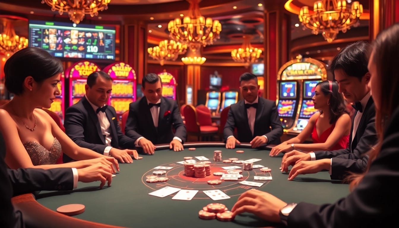 Découvrez l'excitation du meilleur casino en ligne avec une scène de poker élégante mettant en vedette des tables vibrantes et des joueurs enthousiastes.