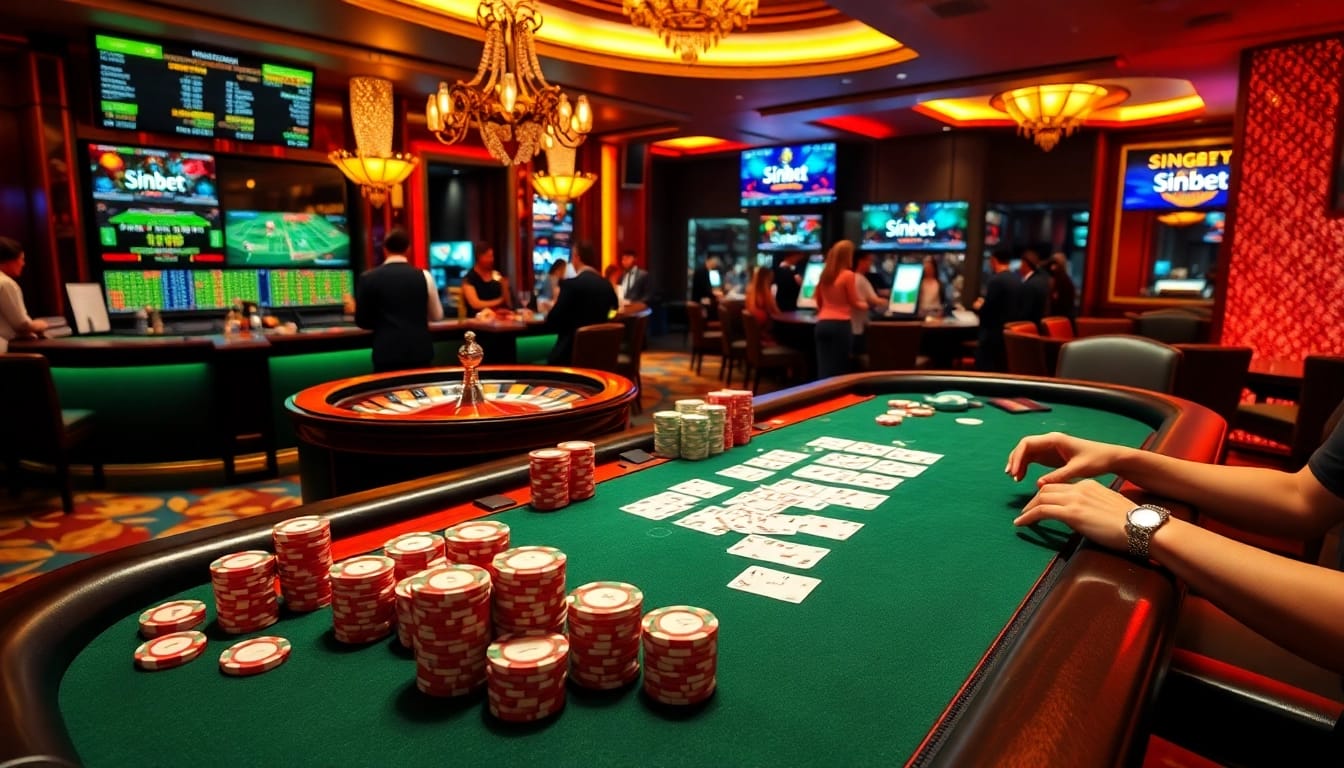 A thrilling casino scene with poker chips and cards showcasing sinbet.ink's exciting gaming atmosphere.
