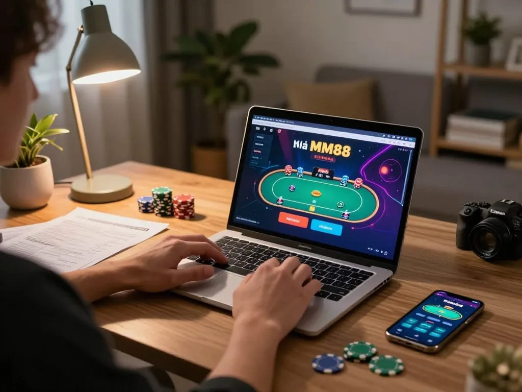 Engaged player accessing Nhà cái MM88 online casino with laptop in a cozy living room.