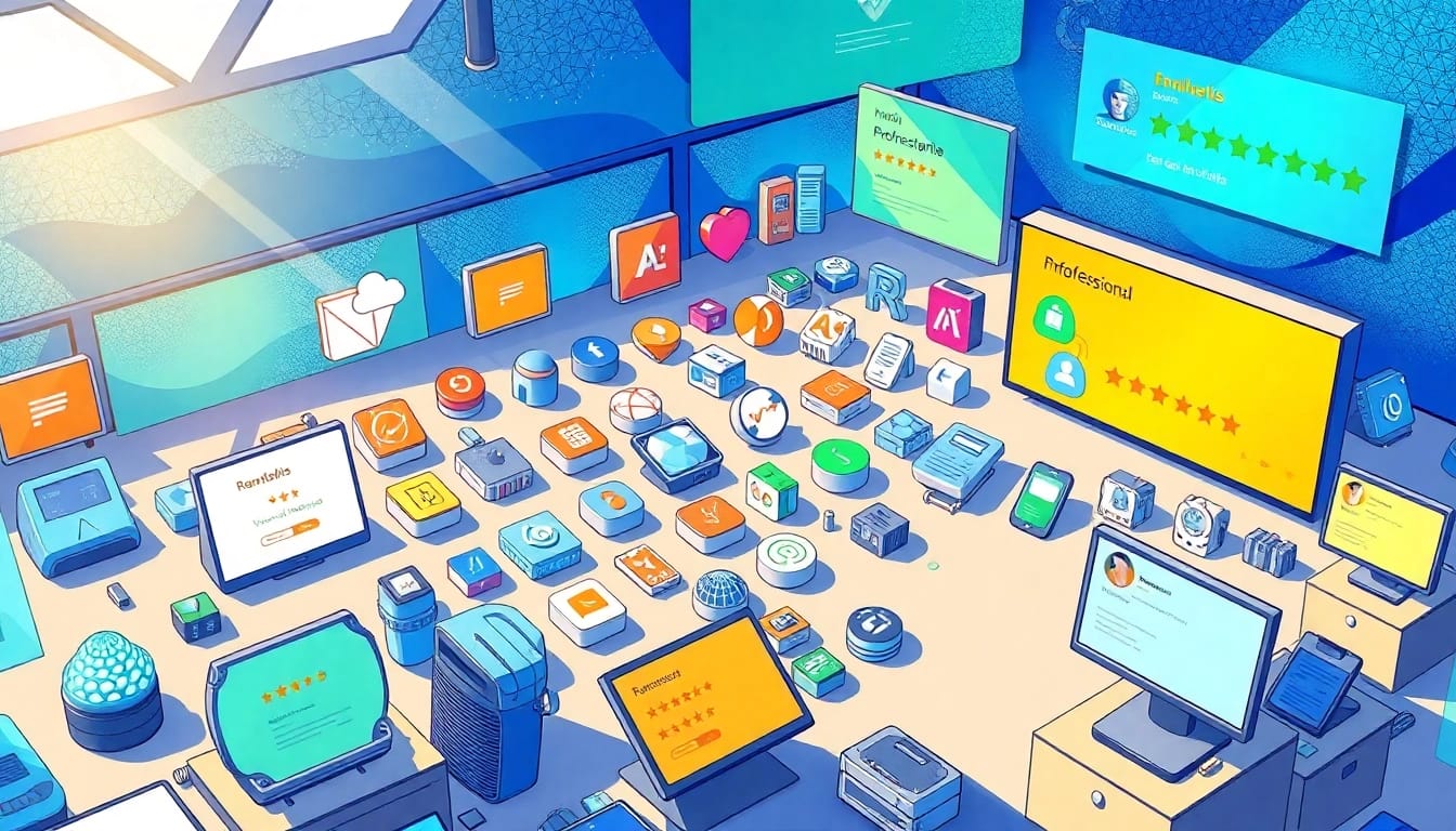 Showcasing a vibrant AI tool marketplace with diverse tool icons and user ratings.