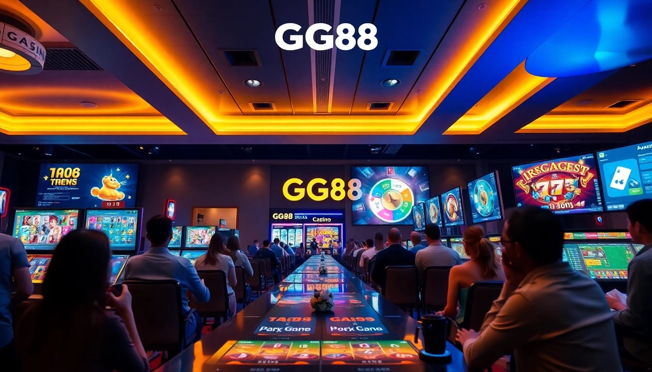 Engaging scene of players on Trang chủ GG88 enjoying various online casino games in a vibrant digital atmosphere.