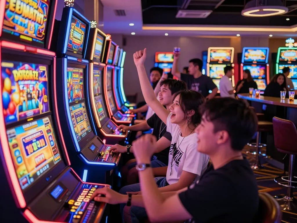 Players enjoying the thrill of slot gacor machines in a vibrant casino atmosphere.
