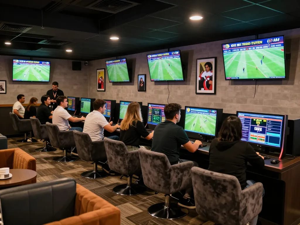 KÈO TRỰC TUYẾN live betting lounge showcasing excited patrons analyzing football games.