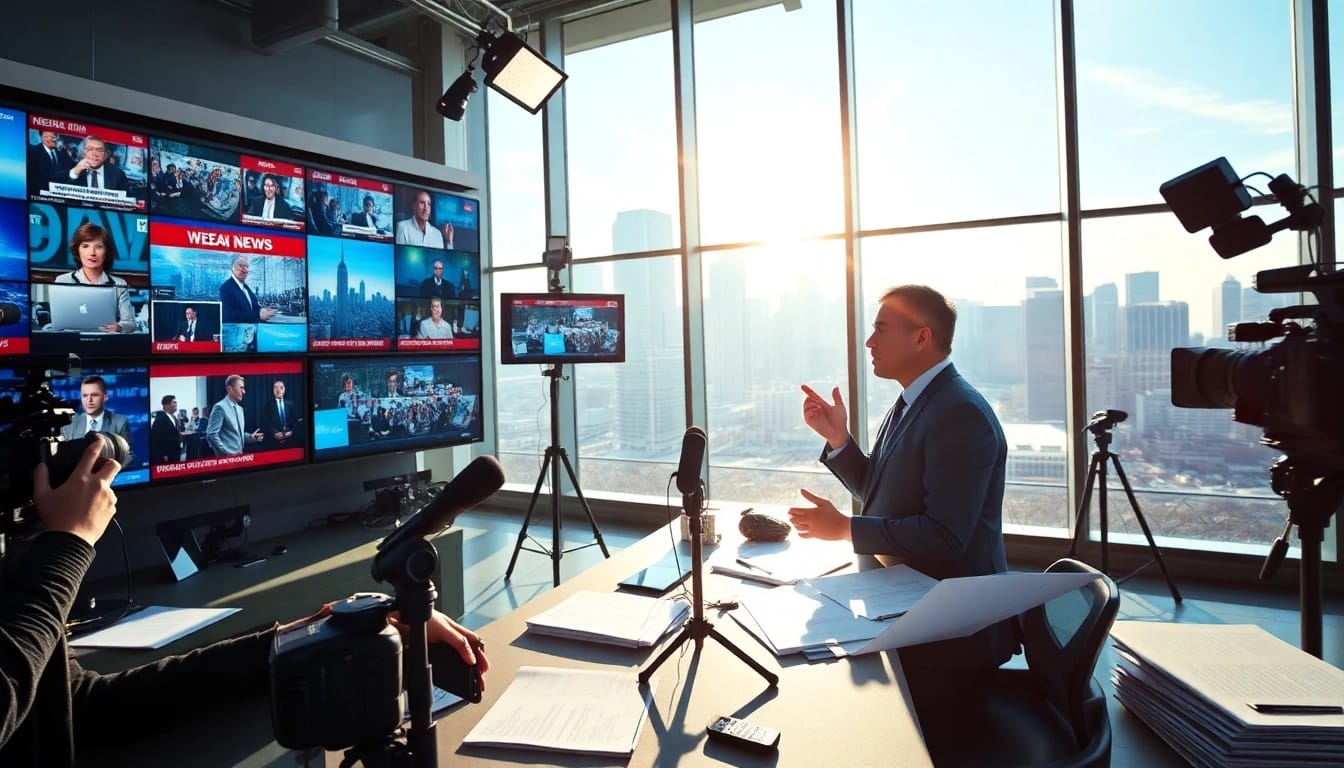 Breaking news journalist reports in a dynamic newsroom with screens and papers.