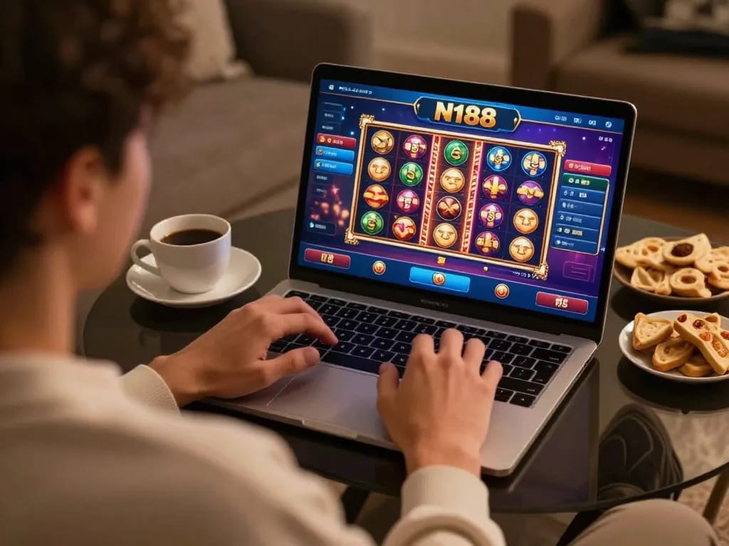 N188 game interface displayed on laptop during a home gambling session with snacks