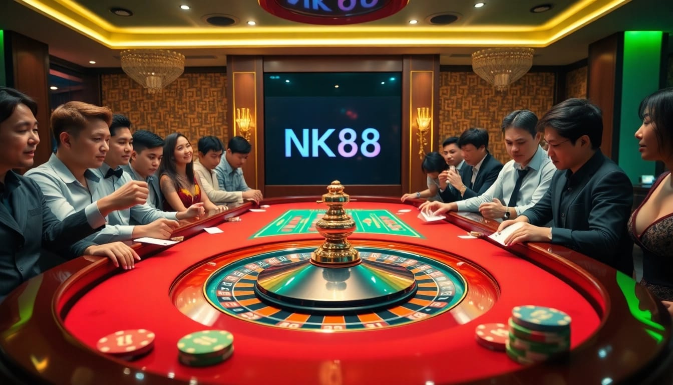Experience the thrill of NK88 at a glamorous roulette table surrounded by enthusiastic players.