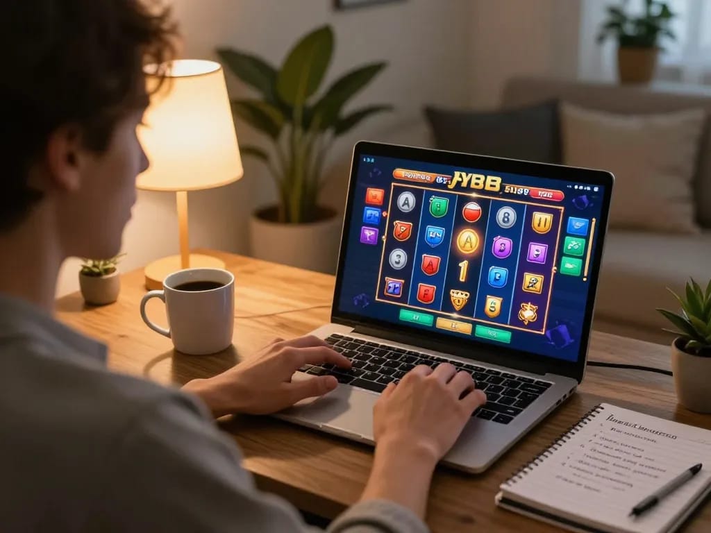 open88 nhà cái player focusing intently on a vibrant online slot game on their laptop