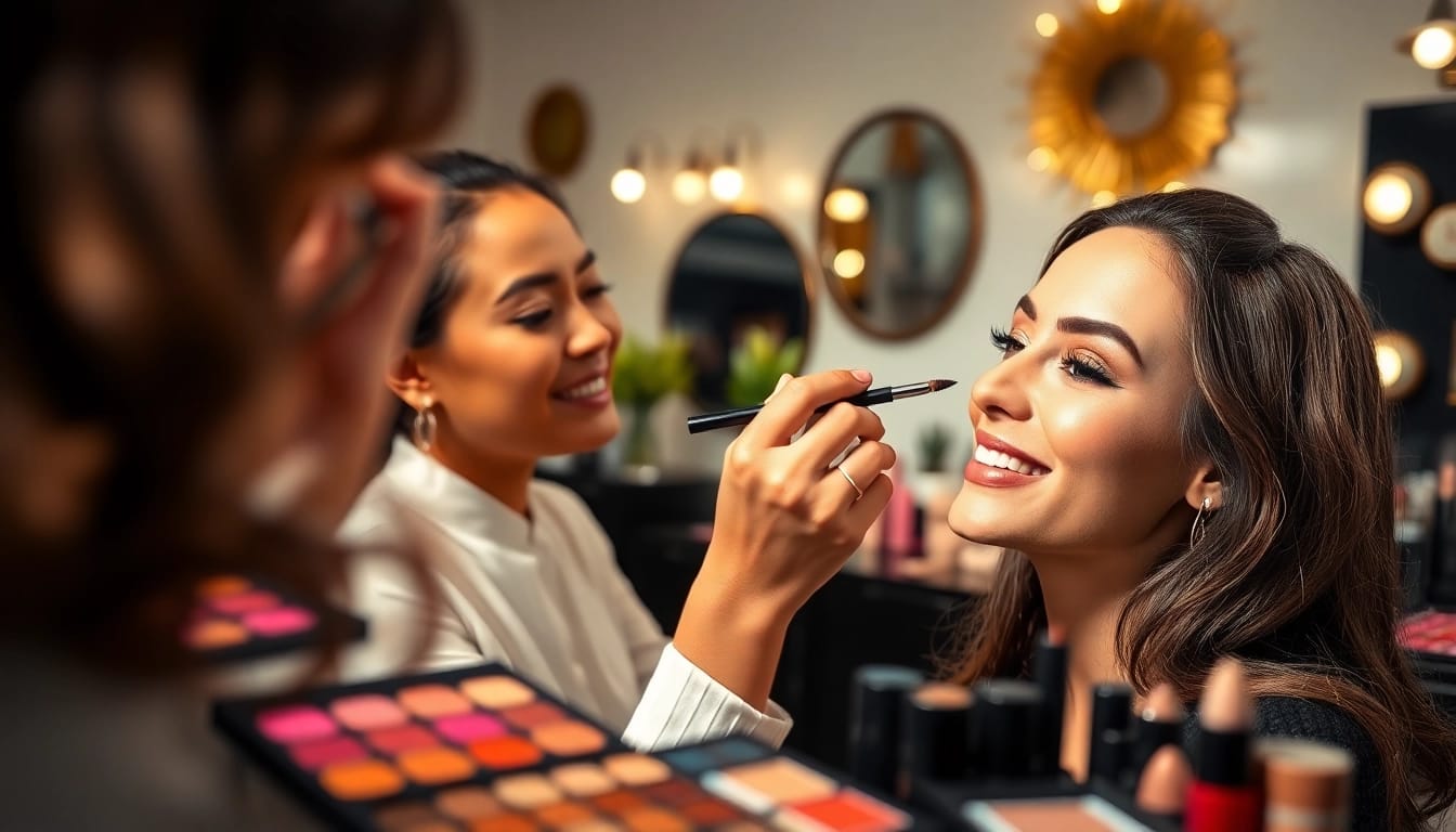 DC makeup artist giving a makeover to a client in a beautiful studio.