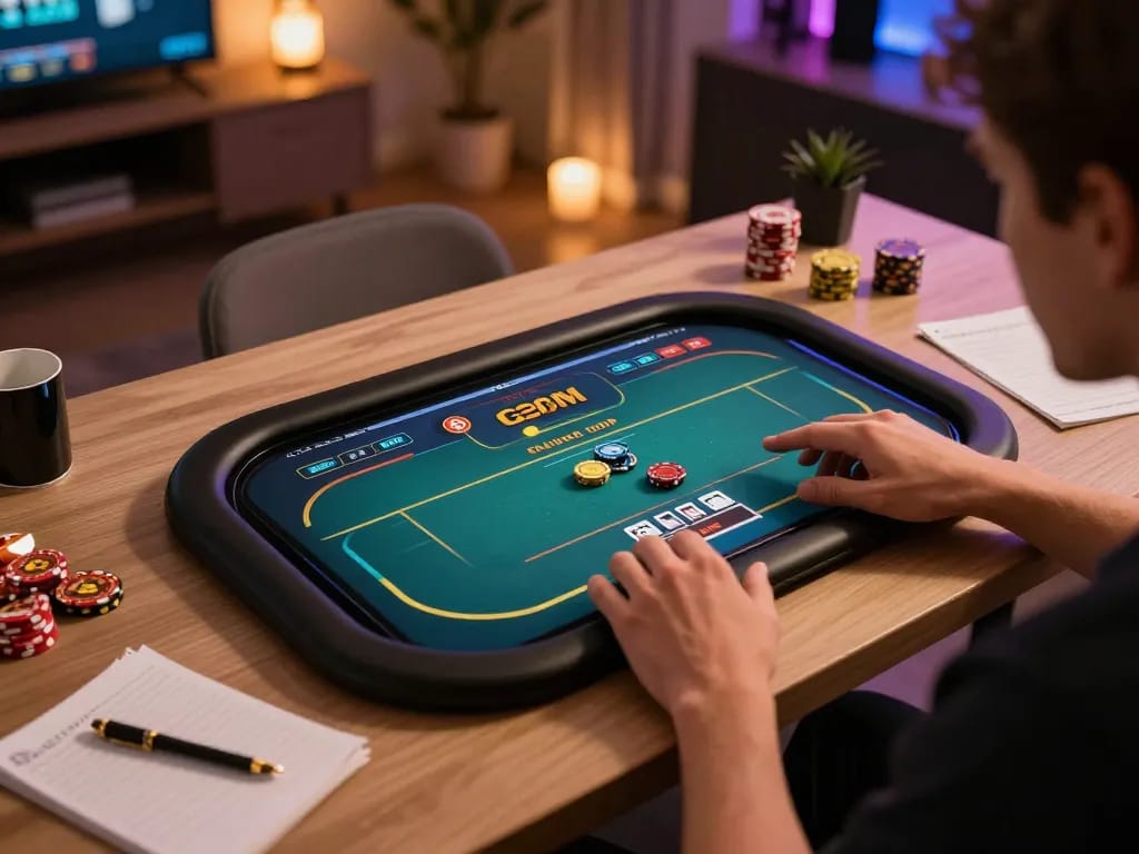 Playing poker on G28 COM app in a cozy home setting with notes and snacks.