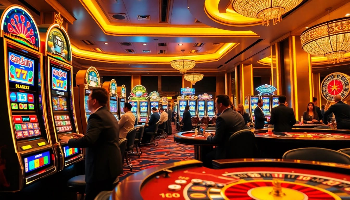 Exciting scene of players enjoying slot depo 1k with vibrant slot machines in a luxurious casino.