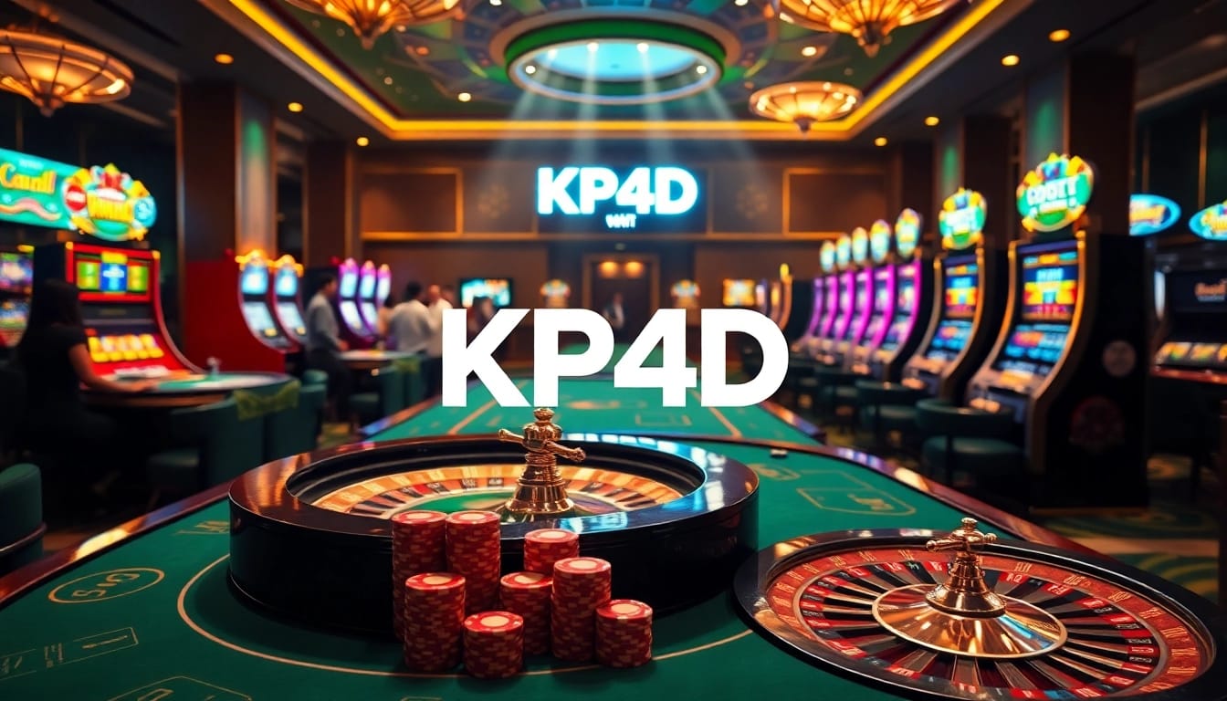 KPI4D casino scene with vibrant slot machines, poker chips, and roulette for a thrilling experience.
