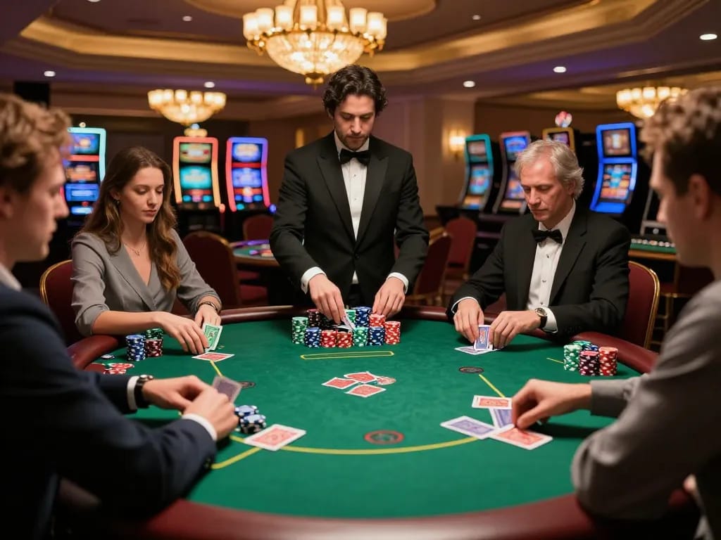 Iwin game table experience with players betting, engaged in strategic poker at a vibrant casino