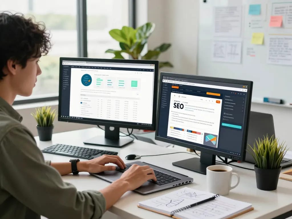 Freelance web designer collaborating on seo services malaysia in a bright office.