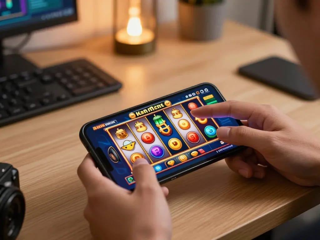 Engaging in dewa slot gameplay on a smartphone, showcasing vibrant game visuals and user interaction.