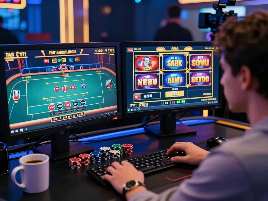 Player engaging in online casino gaming on tg88 with vibrant displays and strategy notes