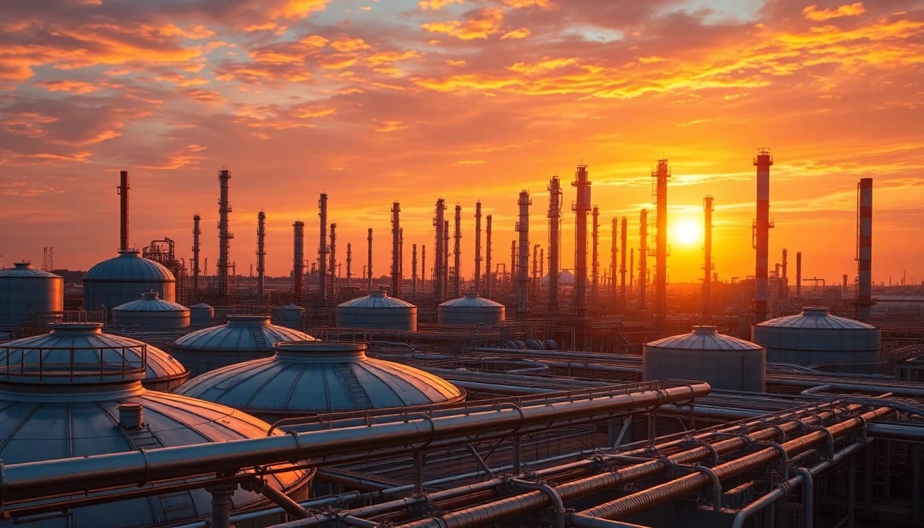 Explore refineries with intricate details of distillation columns and pipelines against a sunset backdrop.