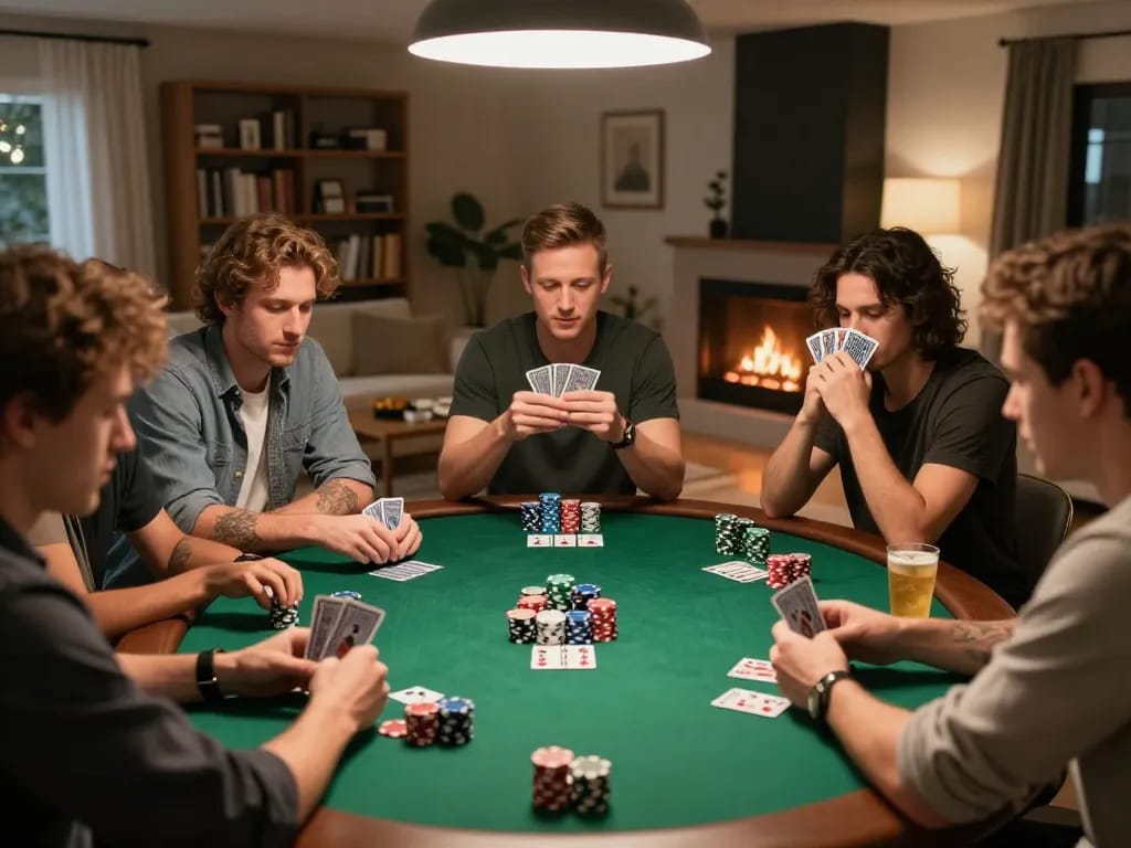 Friends enjoying a poker game at home, showcasing 8kbet environment with chips and drinks.