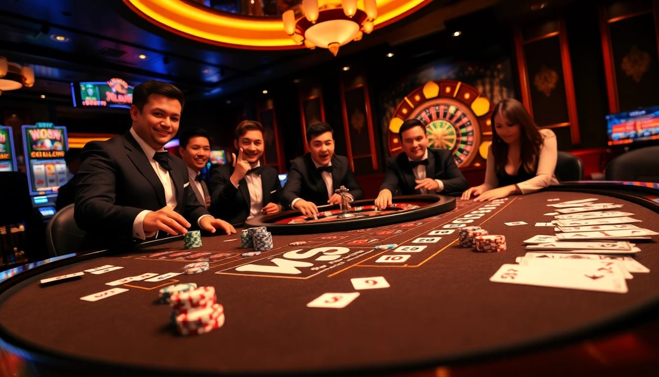 Players enjoying a thrilling game at the W88 casino table, showcasing vibrant chips and cards.