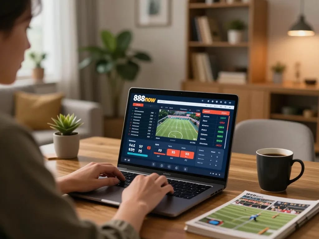 Bet on 888now đăng nhập with live game stats on a laptop, showcasing a relaxing home atmosphere.