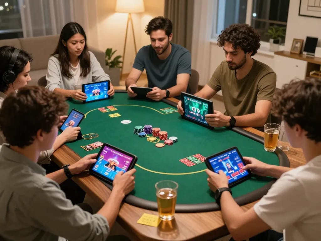 EV99 players enjoying an engaging online poker game, capturing the excitement and strategy of digital gambling.