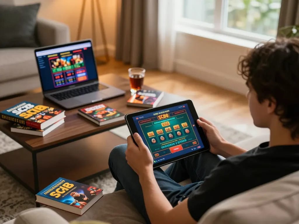 Engaging with SC88 on a tablet for an exciting online casino experience in a cozy home setting.