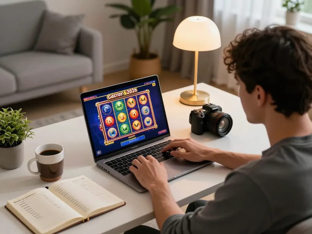 Player enjoying slot gacor 2026 on laptop in cozy home setup, showcasing responsible gaming elements.