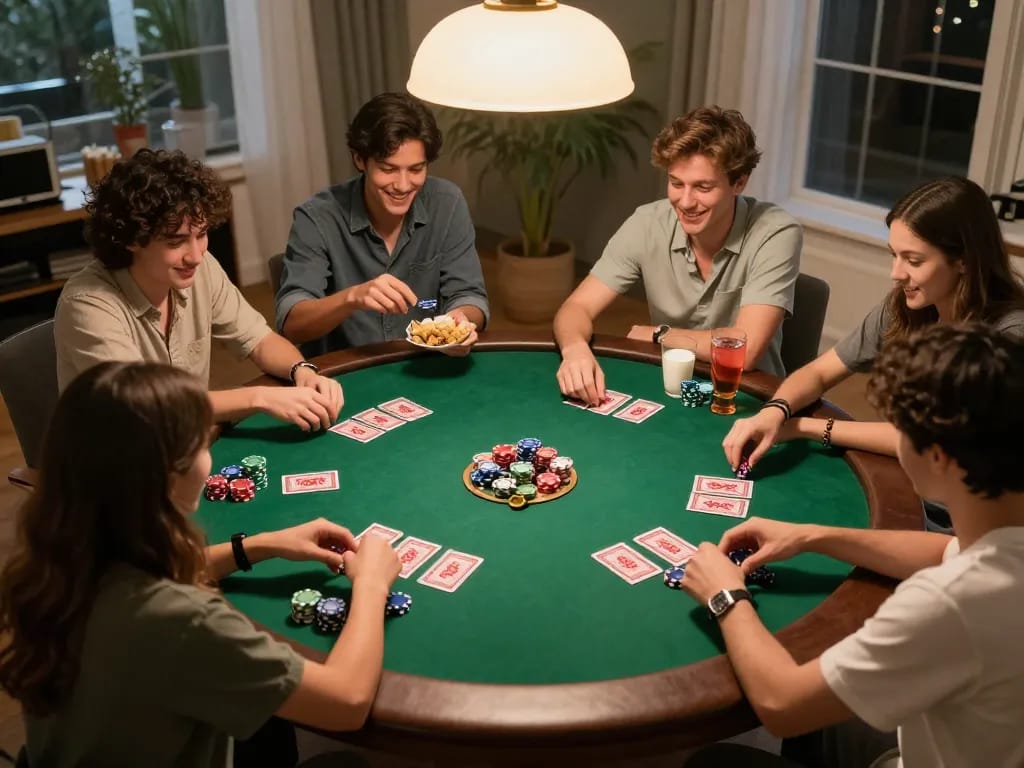 Friends enjoying a poker night at home, showcasing the interactive gameplay at KK55.