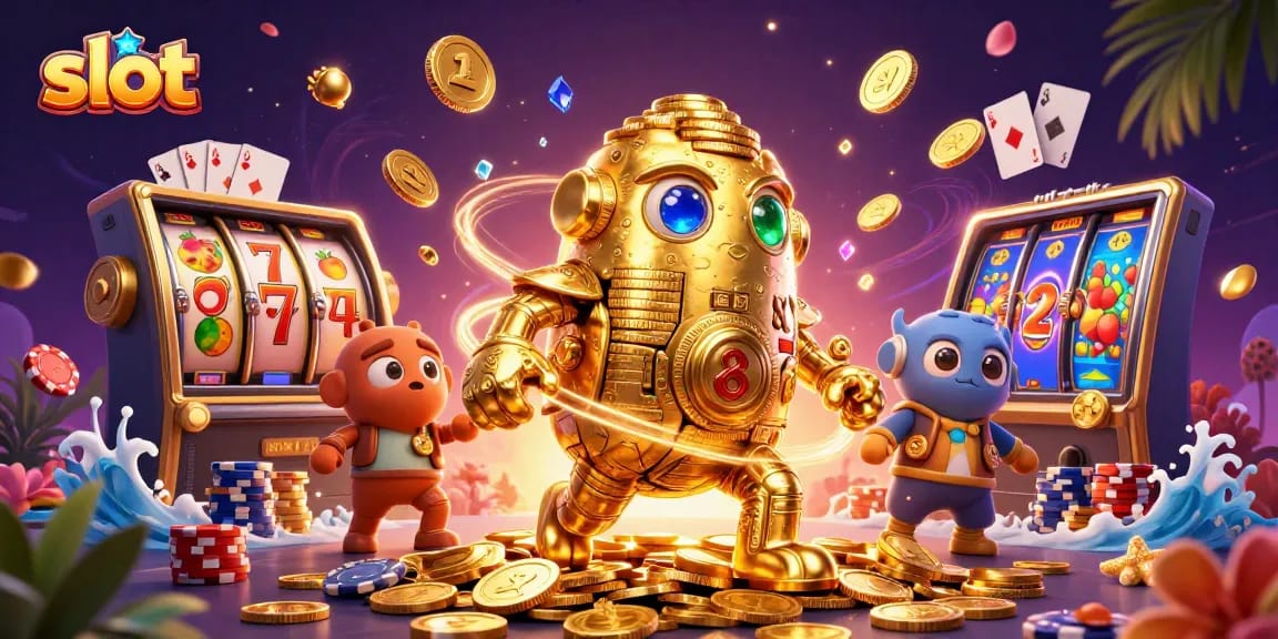 Spin the slots with a dynamic 3D illustration featuring a golden golem and animated reels.