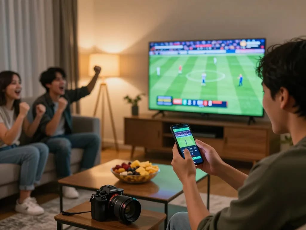 Person engaging with Keonhacai mobile betting during a live football match excitement