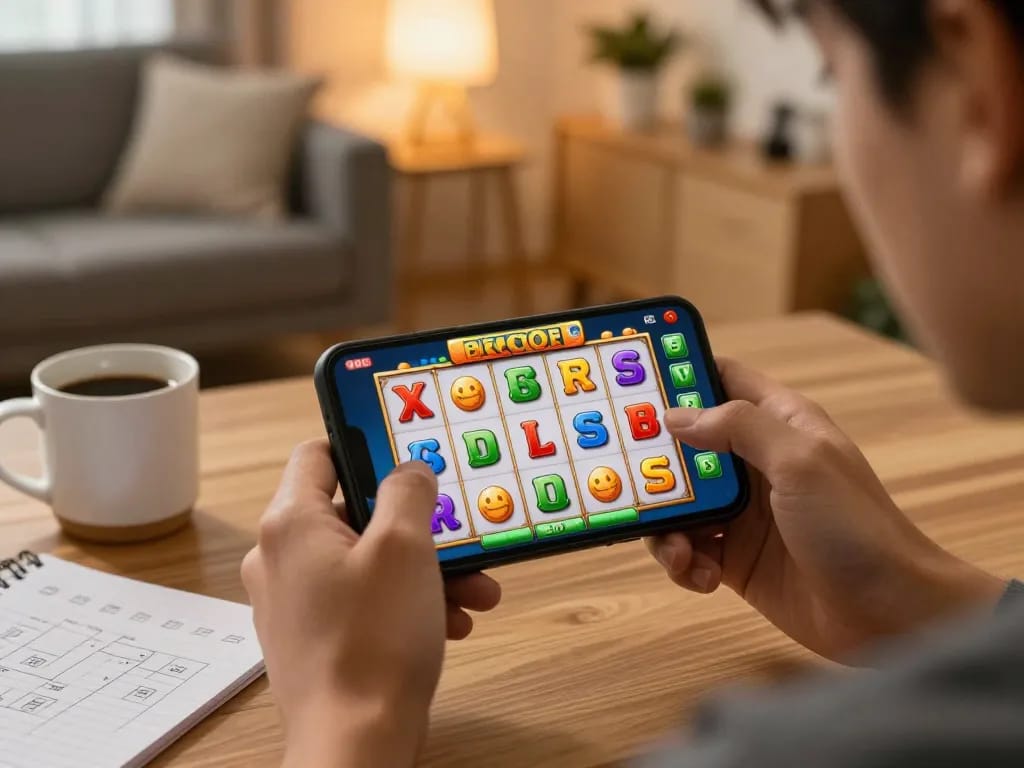 Player enjoying slot gacor gampang menang game on smartphone, showcasing a potential win.
