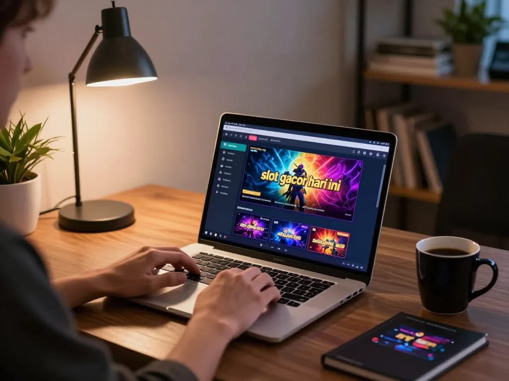 Engaging player enjoying slot gacor hari ini games on a laptop, cozy gaming setup vibe.