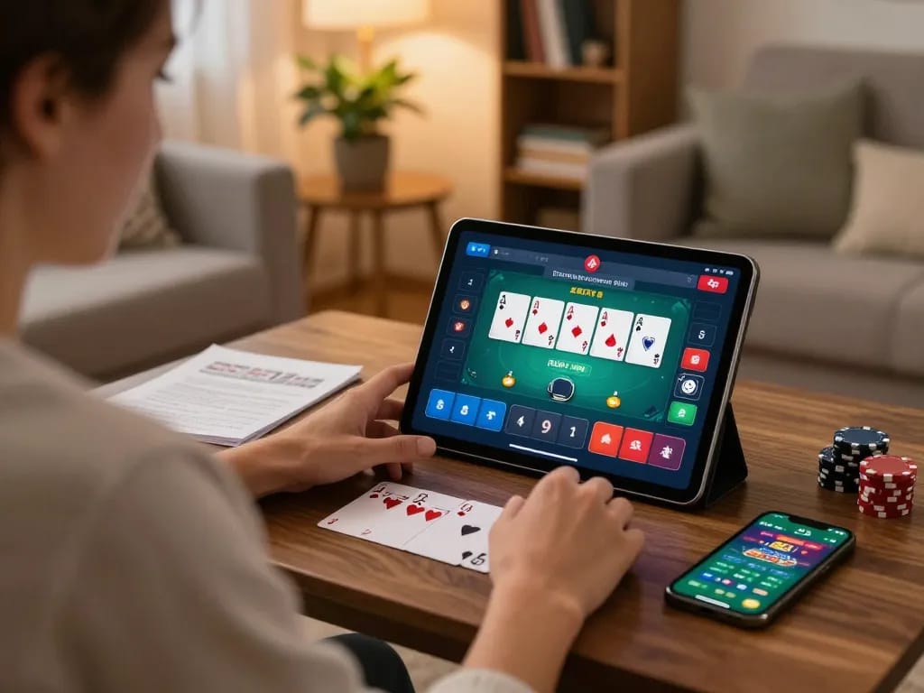 Luck8 player engaging in online poker with tablet while following strategy notes in cozy home setting.
