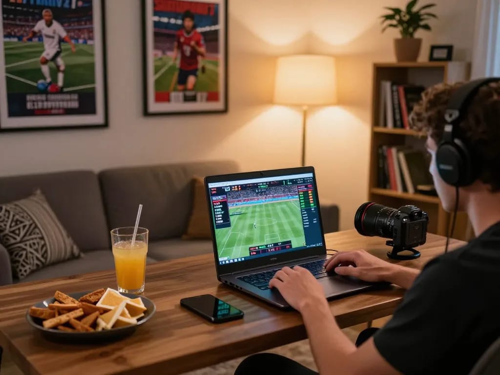 Person engaging in sports betting on alexis77 platform with lively atmosphere and cozy setup.