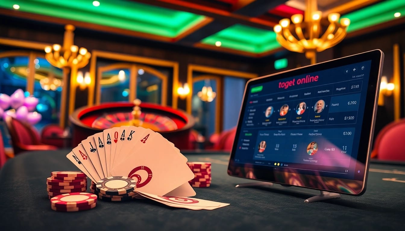Permainan yang menarik dengan togel online dan beragam elemen kasino yang menampilkan chip poker dan rolet.