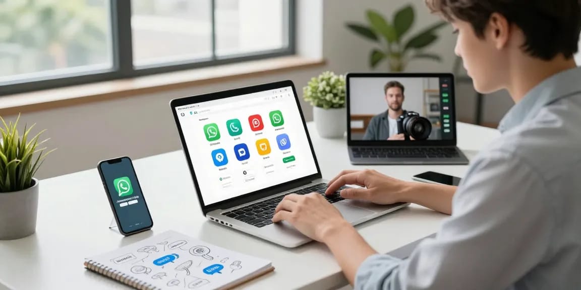 WhatsApp下載 interface displayed on a laptop in a modern workspace setting, showcasing user-friendly tech.