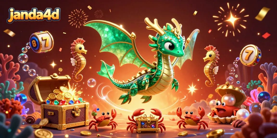 Permainan slot menarik di janda4d dengan naga laut 3D yang elegan dan harta karun berkilauan.