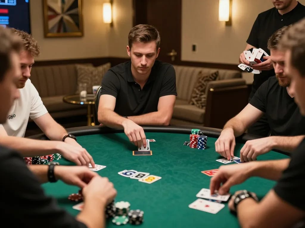 Players engaged in a riveting poker game at Go88 Gotham, showcasing strategy and excitement in a vibrant casino setting.