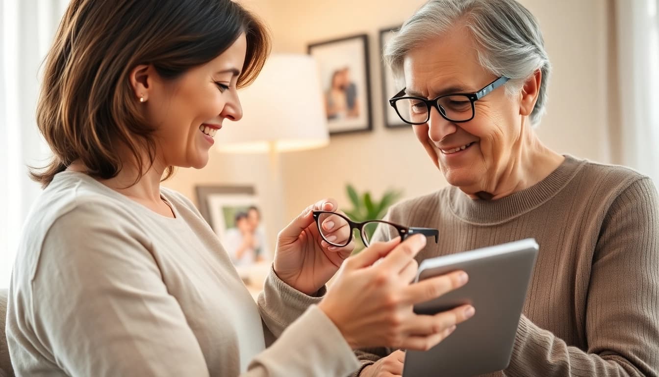 Providing in home senior care, a caregiver assists an elderly person in a cozy living room.