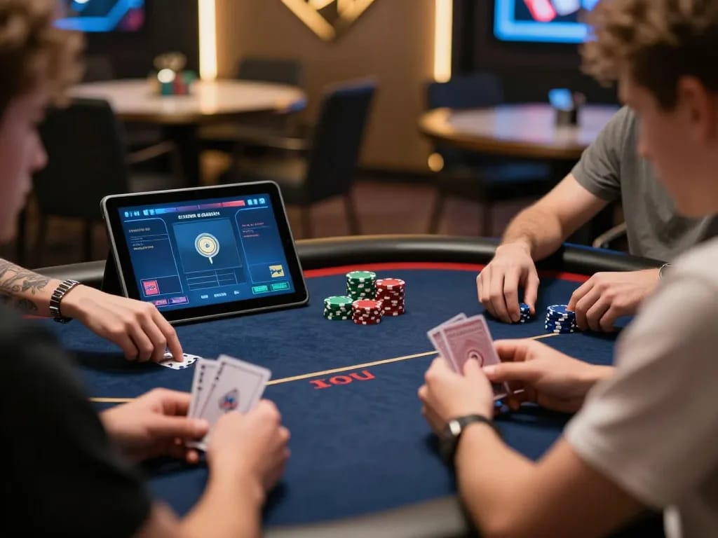 C168 online poker players analyzing hands at a modern gaming table.
