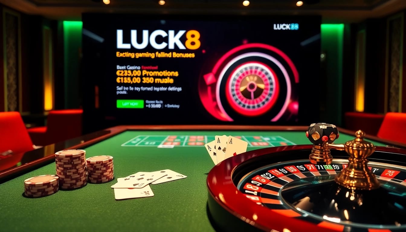 Experience the excitement of LUCK8 with vibrant poker chips and a spinning roulette wheel.