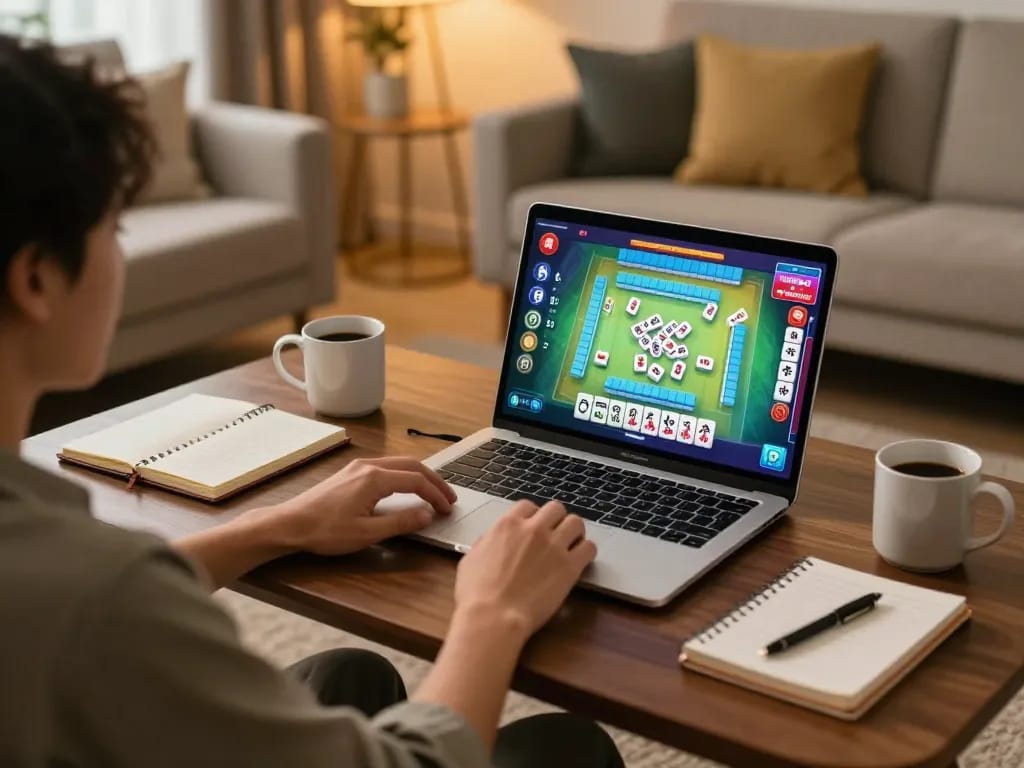 Engaged player enjoying Mahjong gameplay online with a stylish setup for strategic gambling.