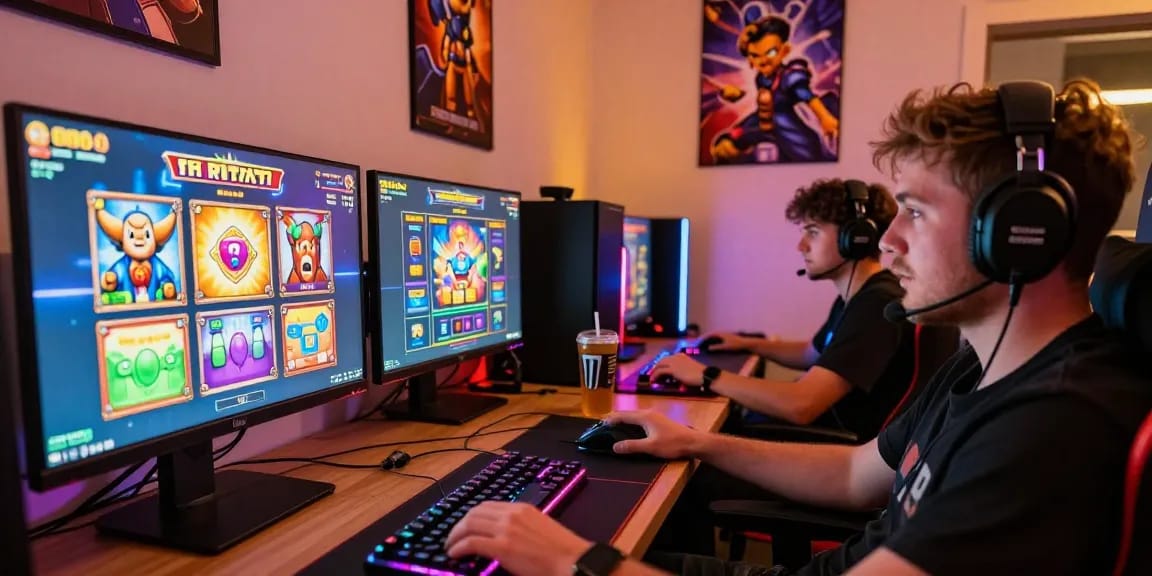 Exciting slot777 gameplay scene with a focused gamer immersed in colorful slots on multiple screens.